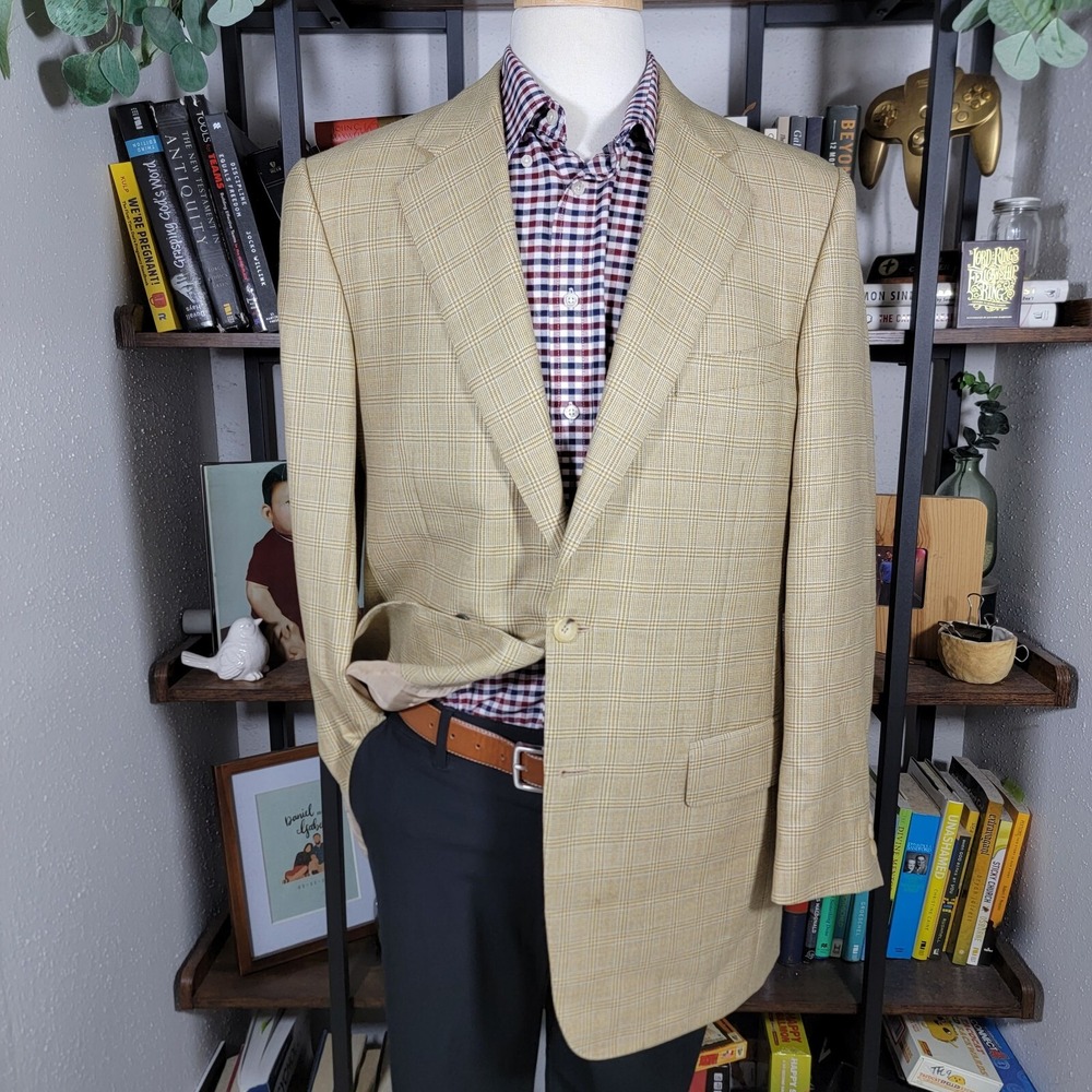 Samuelsohn SB ANDREW Men's Sport Coat Blazer Two Button‎ Beige Plaid Wool 42L